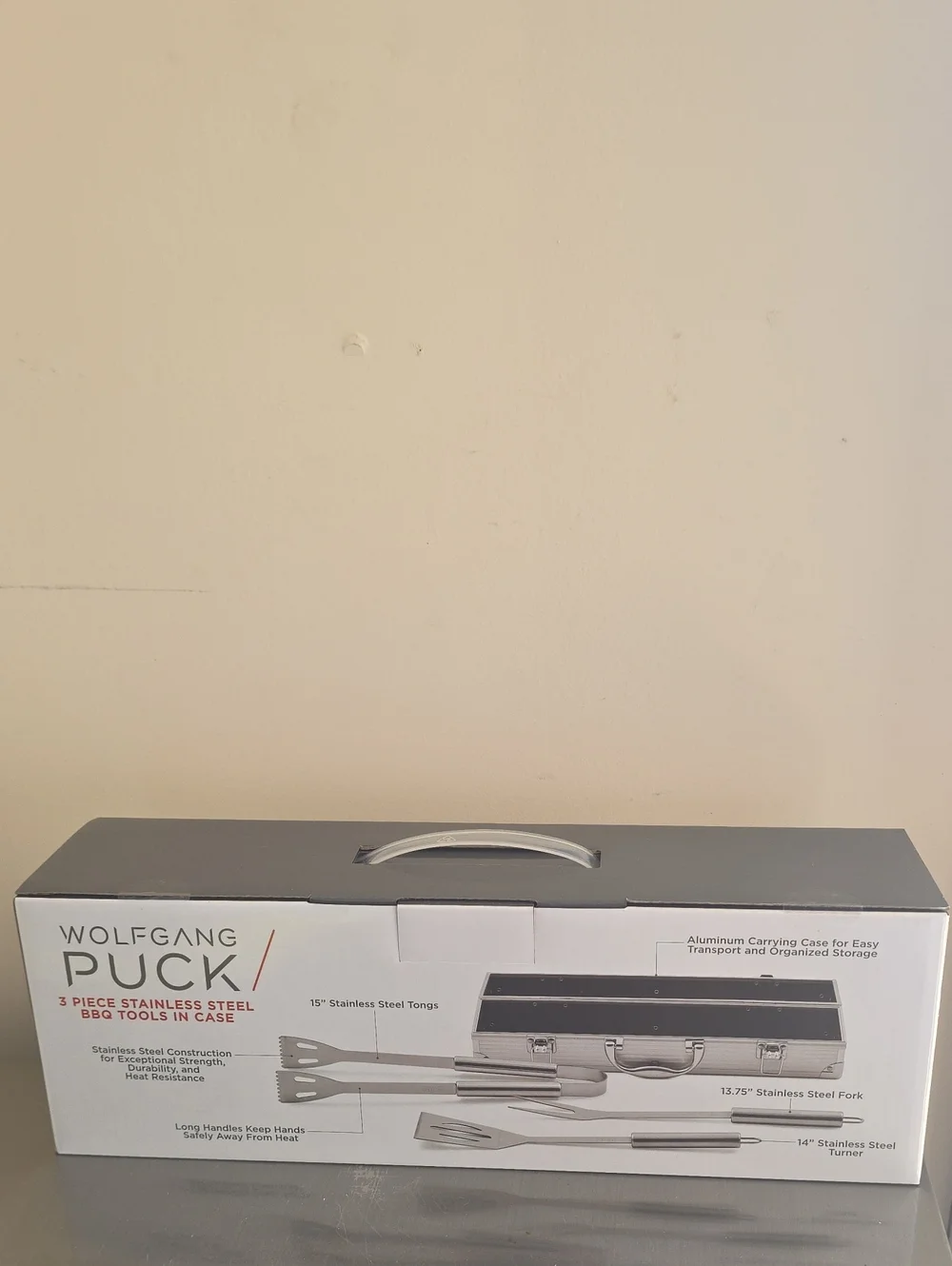 Wolfgang Puck 3-Piece Stainless Steel BBQ Tool Set in Silver with Carrying Case